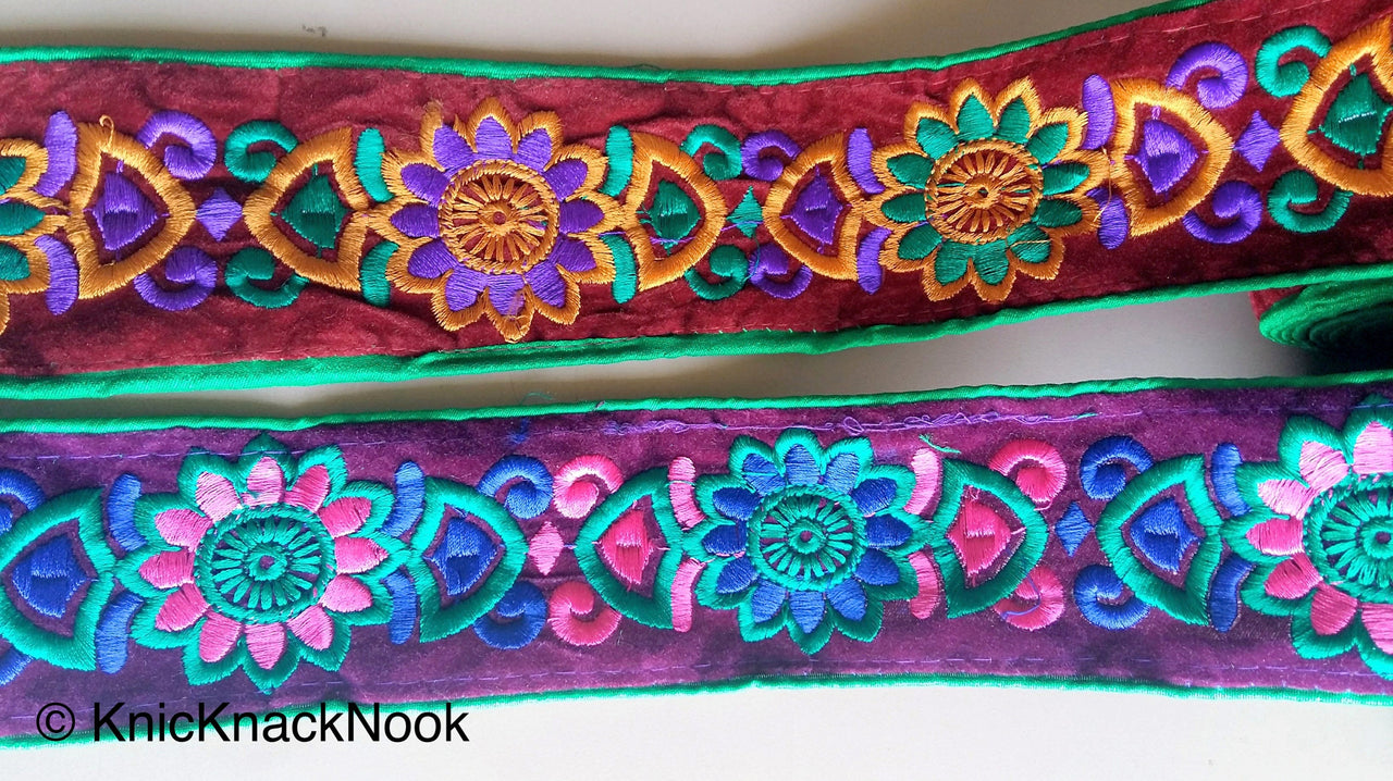 Green Fabric With Purple Velvet Trim With Green, Purple And Pink Floral Thread Embroidery, Approx. 65mm Wide - 200317L189