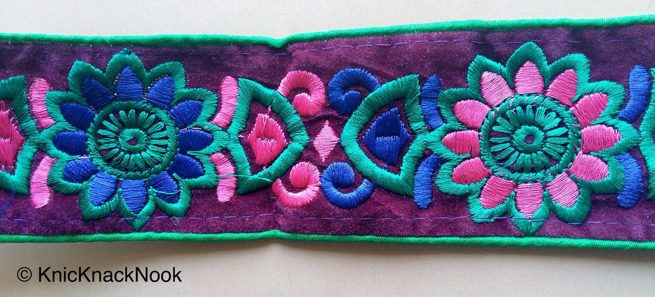 Green Fabric With Purple Velvet Trim With Green, Purple And Pink Floral Thread Embroidery, Approx. 65mm Wide - 200317L189