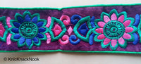 Thumbnail for Green Fabric With Purple Velvet Trim With Green, Purple And Pink Floral Thread Embroidery, Approx. 65mm Wide - 200317L189