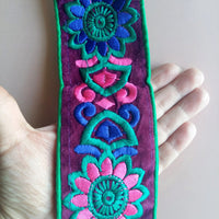 Thumbnail for Green Fabric With Purple Velvet Trim With Green, Purple And Pink Floral Thread Embroidery, Approx. 65mm Wide - 200317L189