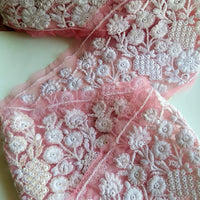 Thumbnail for Pink Net Lace Trim With Embroidered White Flowers, Approx. 15cm Wide - 200317L174