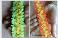 Thumbnail for Green / Orange And Yellow Floral Velvet Trim Ribbon With Wood Beads, Approx. 45mm Wide - 200317L136 / 37Trim