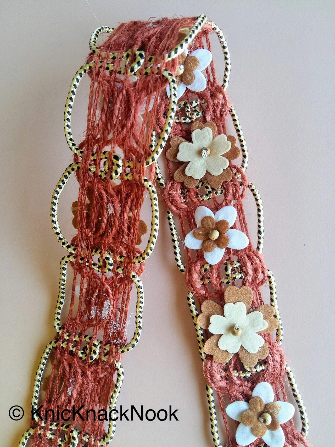 Brown Rope Thread And Gold And Black String Trim With Beige And Brown Velvet Flowers With Wood Beads, Approx. 40mm Wide - 200317L138