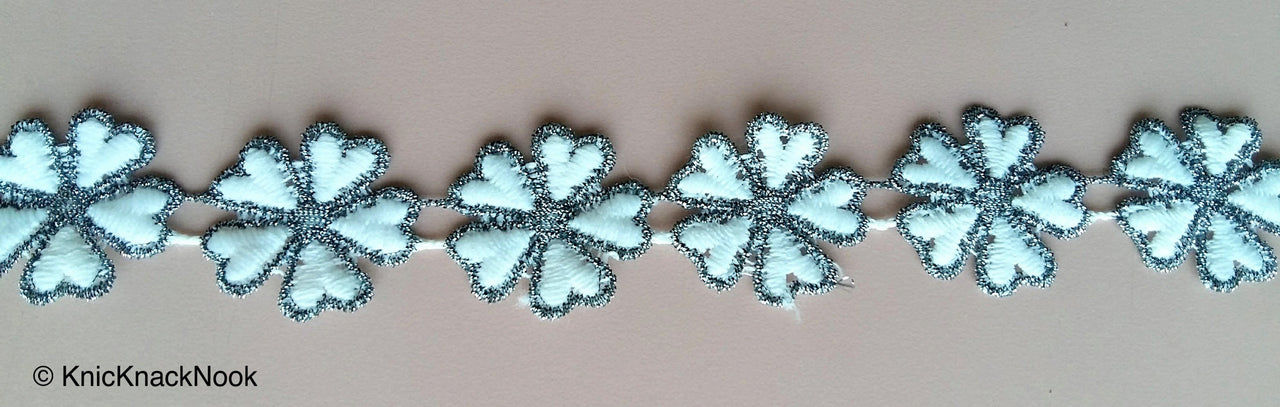 Silver And White Floral Embroidery Lace Trim. Approx. 28mm Wide - 200317L146