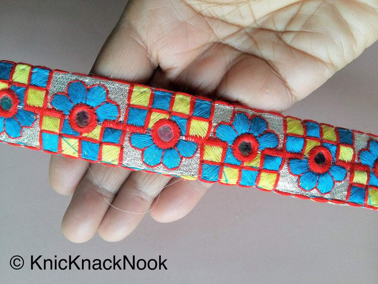 Gold Mirrored Fabric Trim With Blue, Yellow And Red Floral And Square Embroidery, Approx. 32mm Wide