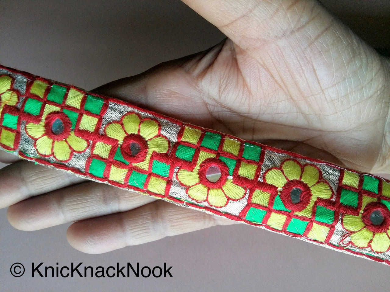 Gold Mirrored Fabric Trim With Yellow, Green And Red Floral And Square Embroidery, Approx. 32mm Wide