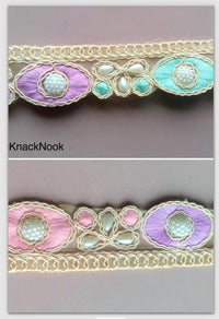 Thumbnail for Gold Sheer Net Trim, Beige, Purple And Green / Pink Embroidery With FlatBack White Beads Embellishments, Approx. 30mm Wide - 200317L206/07Trim
