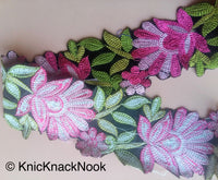 Thumbnail for Black Velvet Fabric Trim With Pink / Blue And Green Floral Embroidery, 76mm wide - 200317L268 / 69Trim