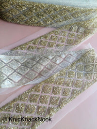 Thumbnail for Beige Net Trim With Gold Glitter And Gold Bugle Beads, Textured Trim, Approx. 78mm Wide - 200317L193