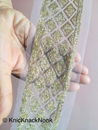 Thumbnail for Beige Net Trim With Gold Glitter And Gold Bugle Beads, Textured Trim, Approx. 78mm Wide - 200317L193
