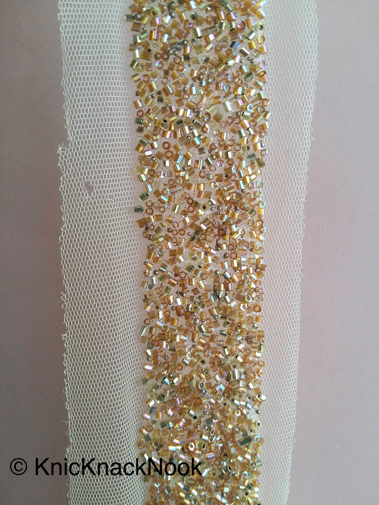 Beige Net Trim With Gold / Copper Beads Embellishments - 200317L199/ 200Trim