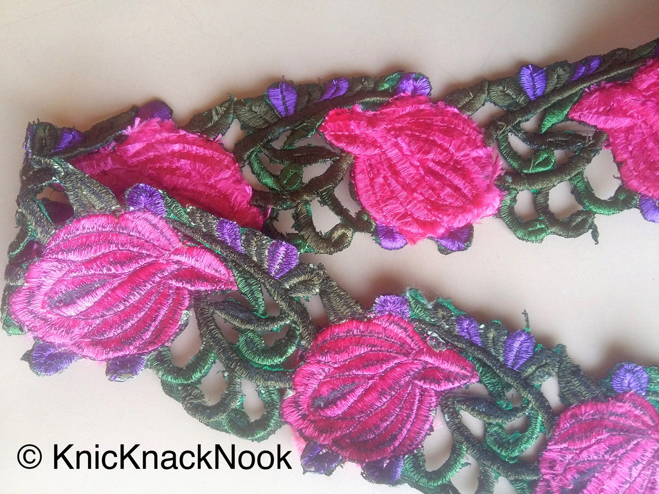 Fabric Cut Work Trim With Fuchsia Pink, Purple And Green Floral Embroidery, 72mm wide - 200317L267