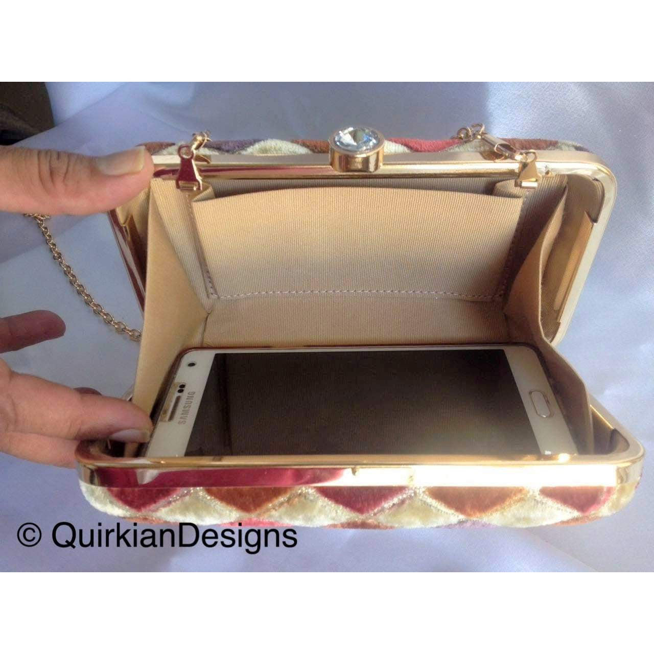 Gold Hard Body Box Clutch Bag With Diamante Clasp, Brown, Green And Grey Velvet Fabric Covered Purse