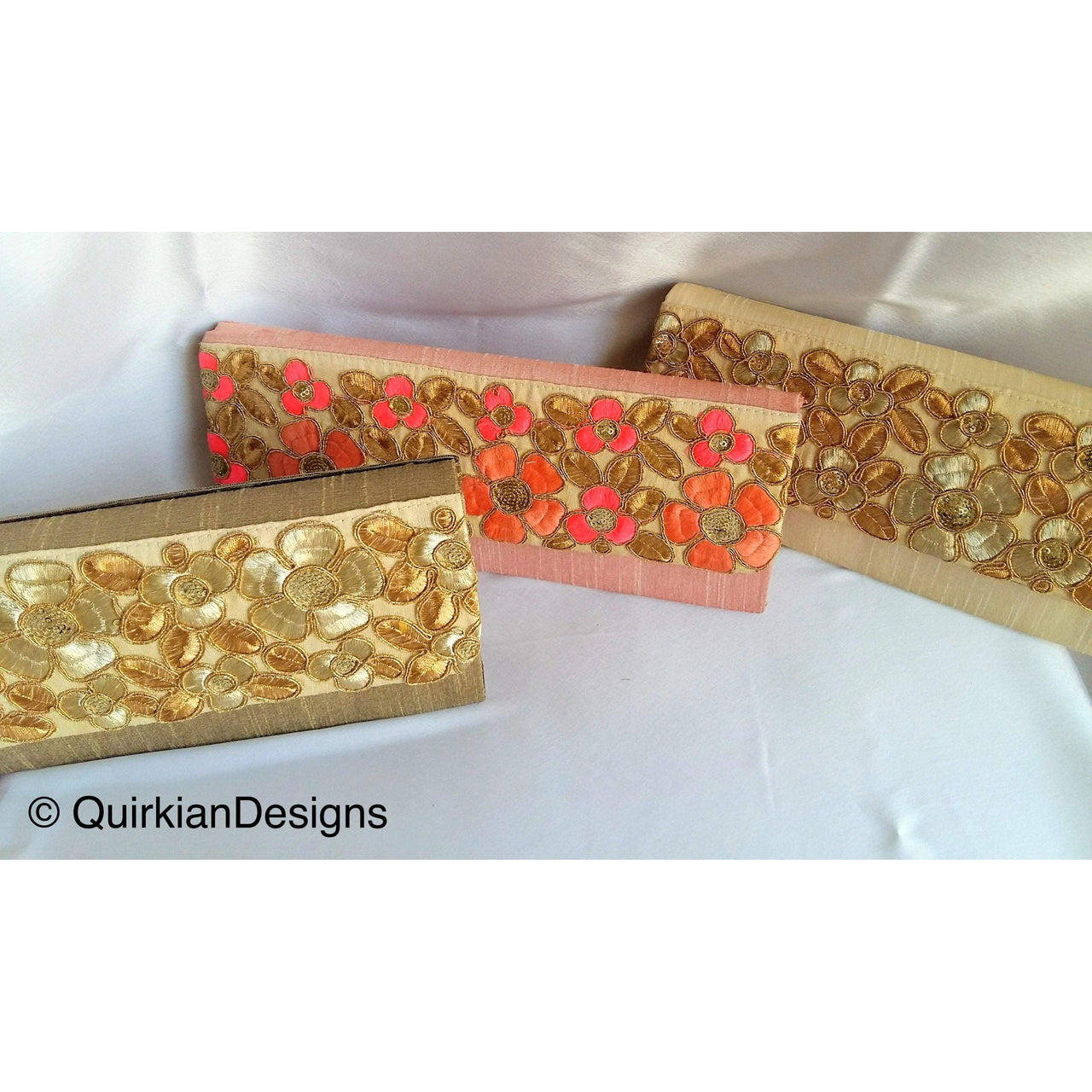 Coral Pink Fabric Clutch Purse With Pink And Gold Intricate Floral Embroidery, Wedding Clutch, Party Bag