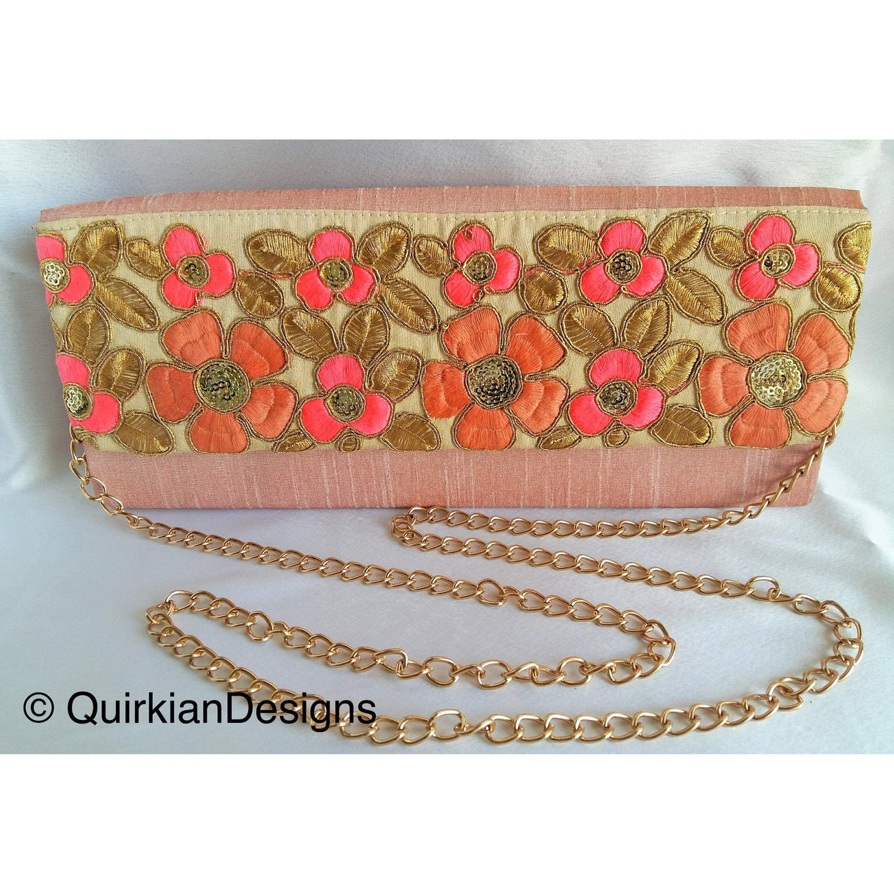 Coral Pink Fabric Clutch Purse With Pink And Gold Intricate Floral Embroidery, Wedding Clutch, Party Bag