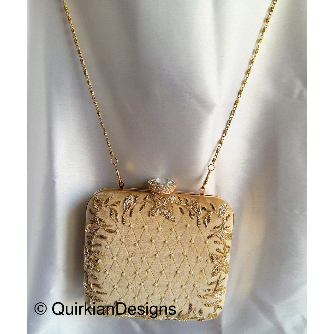 Beige Velvet Square Box Clutch With Intricate Floral Embroidery And Diamante Clasp, Wedding Clutch, Party Bag, Beaded Clutch