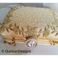 Thumbnail for Beige Velvet Square Box Clutch With Intricate Floral Embroidery And Diamante Clasp, Wedding Clutch, Party Bag, Beaded Clutch