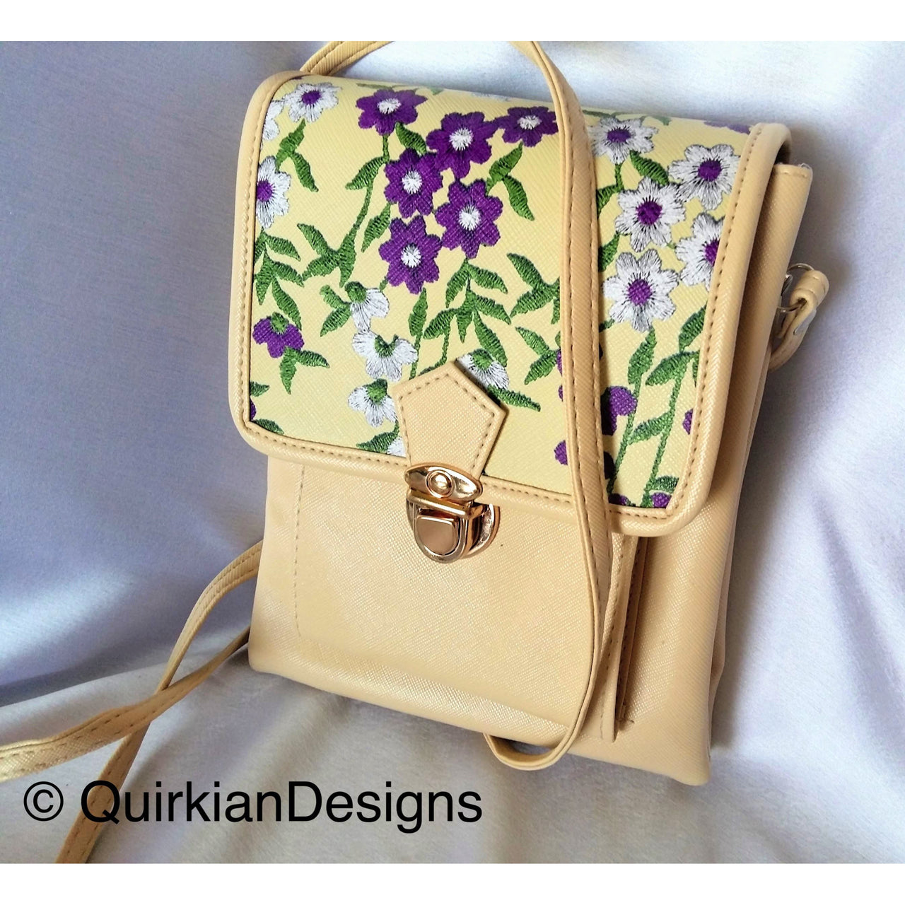 Beige Fake Leather Bag With Purple, Green And White Floral Embroidery Design, Day Clutch, Shopping Crossbody Sling Purse, Faux Leather Bag