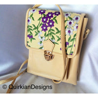 Thumbnail for Beige Fake Leather Bag With Purple, Green And White Floral Embroidery Design, Day Clutch, Shopping Crossbody Sling Purse, Faux Leather Bag