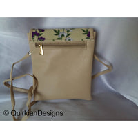 Thumbnail for Beige Fake Leather Bag With Purple, Green And White Floral Embroidery Design, Day Clutch, Shopping Crossbody Sling Purse, Faux Leather Bag