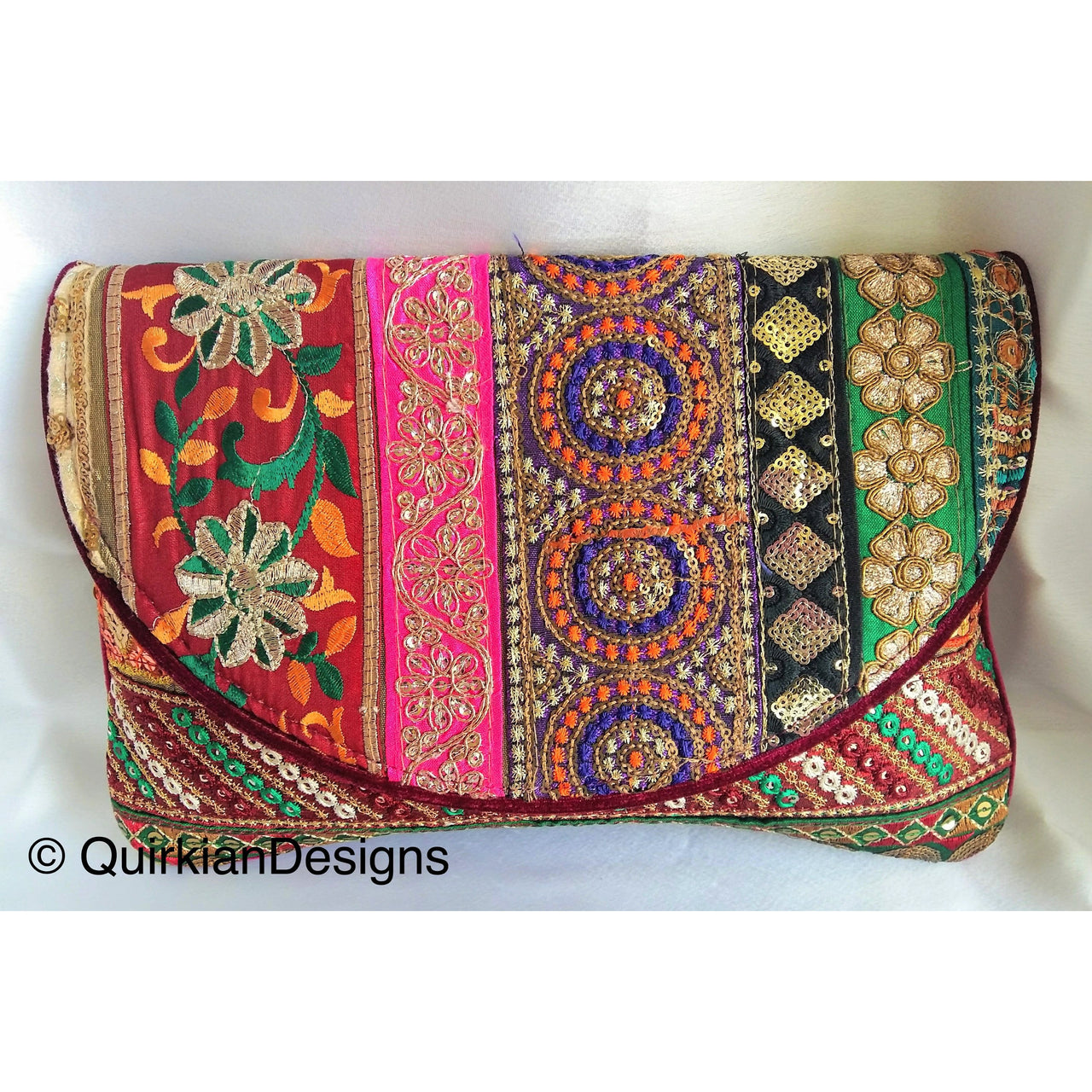 Maroon Red Velvet Fabric Clutch Purse With Red, Green, Yellow, Orange, Black, Pink And Gold Floral Embroidery, Wedding Clutch, Party Bag