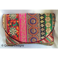 Thumbnail for Maroon Red Velvet Fabric Clutch Purse With Red, Green, Yellow, Orange, Black, Pink And Gold Floral Embroidery, Wedding Clutch, Party Bag