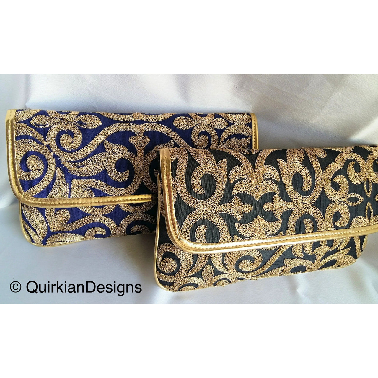 Blue Fabric Clutch Purse With Gold Intricate Embroidery, Wedding Clutch, Party Bag, Blue And Gold Clutch