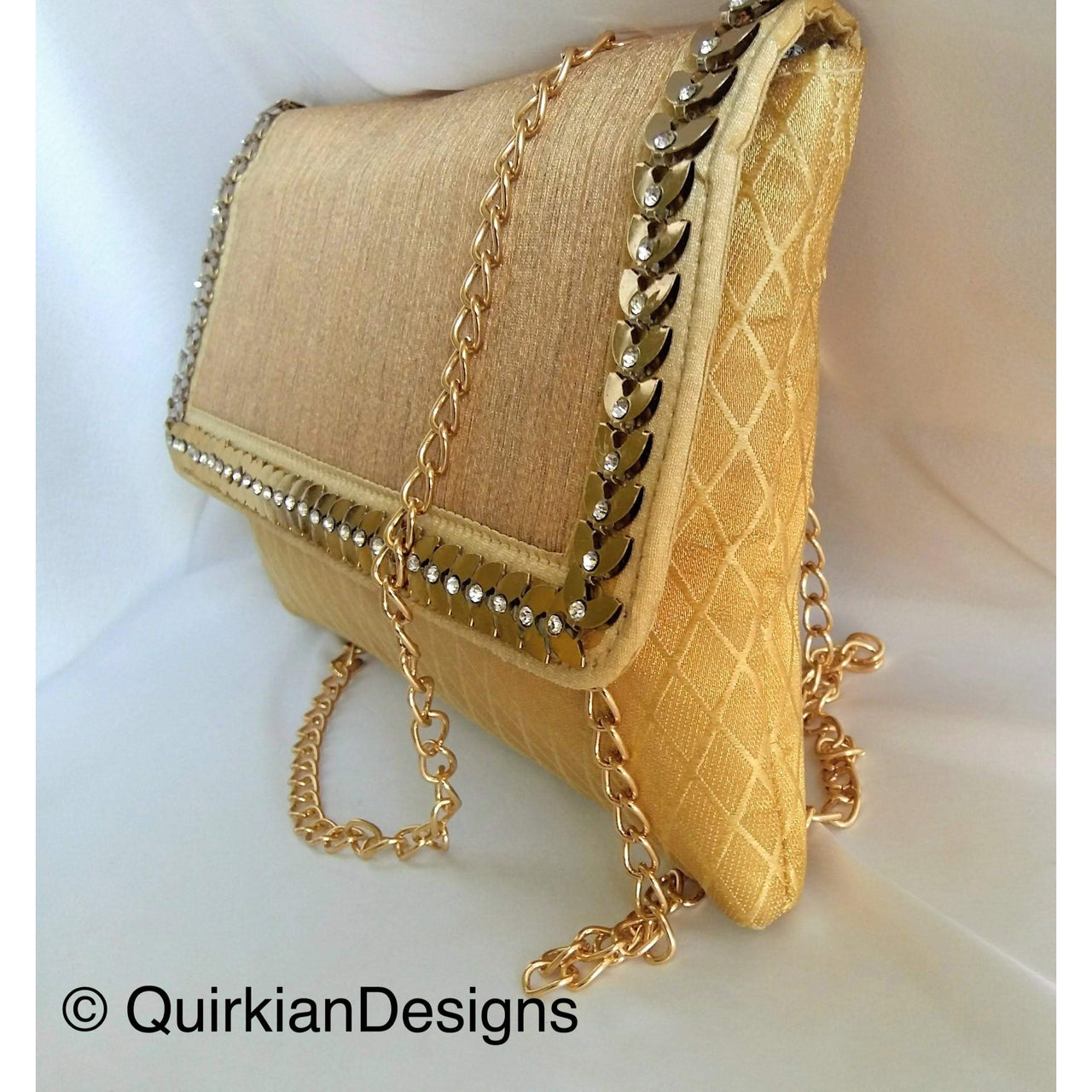 Beige And Copper Fabric Clutch Purse With Gold And Diamante Beads, Wedding Clutch, Party Bag