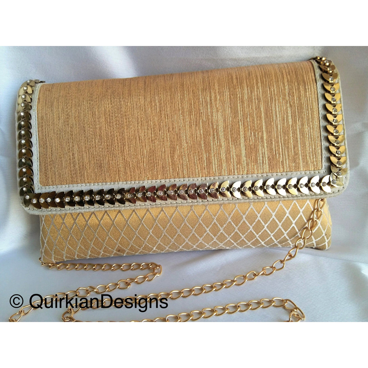 Beige, White And Copper Fabric Clutch Purse With Gold And Diamante Beads, Wedding Clutch, Party Bag