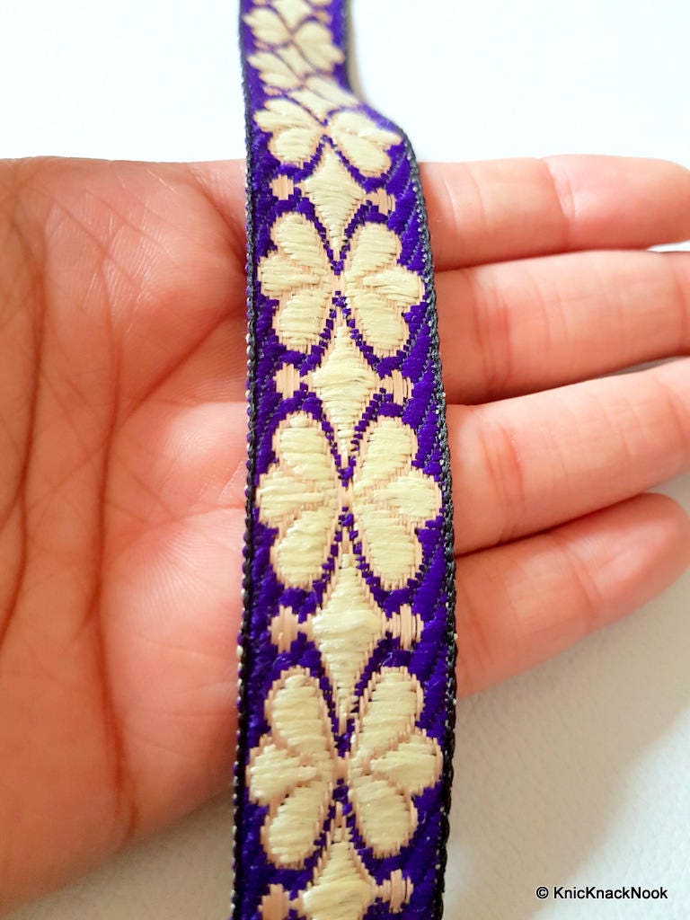 Wholesale Purple And Beige Embroidered Fabric Trim, Jaquard Trim, Approx. 22mm wide
