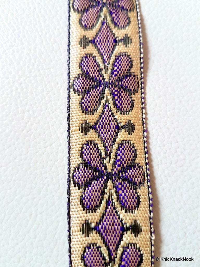 Wholesale Purple And Beige Embroidered Fabric Trim, Jaquard Trim, Approx. 22mm wide