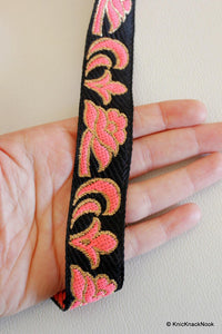 Thumbnail for Pink, Bronze And Black Floral Embroidery Jacquard Lace Trim, Approx. 27mm Wide