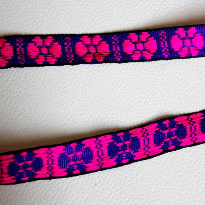 Wholesale Blue Fabric Trim With Fuchsia Pink Floral Embroidery Thread Lace Trim, 15mm wide - 140316L65