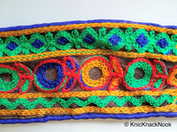 Thumbnail for Brown Silk Trim With Yellow, Green, Blue And Red Floral Embroidery And Blue / Pink / Green Piping, Indian Laces - 210917L05 /06 /07Trim