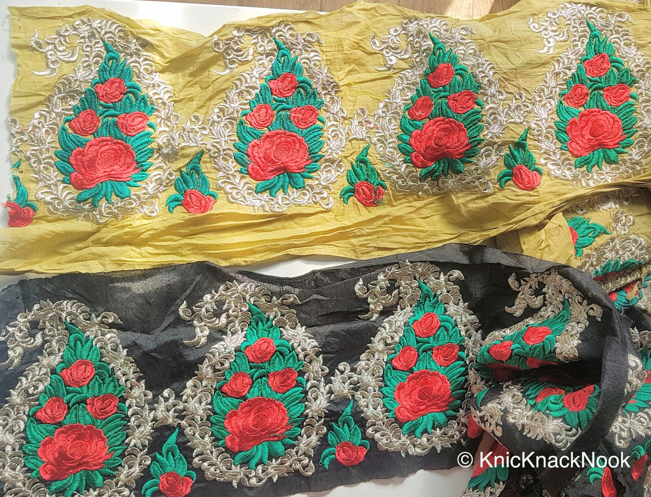 Black / Olive Green Silk Fabric Trim With Red, Green And Gold Floral Rose Embroidery, Indian Laces