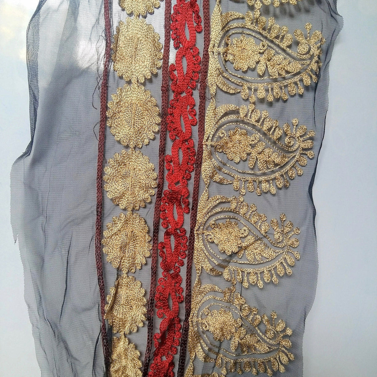 Black Soft Net Lace Trim With Red, Beige And Brown Floral And Paisley Embroidery, Indian Trims