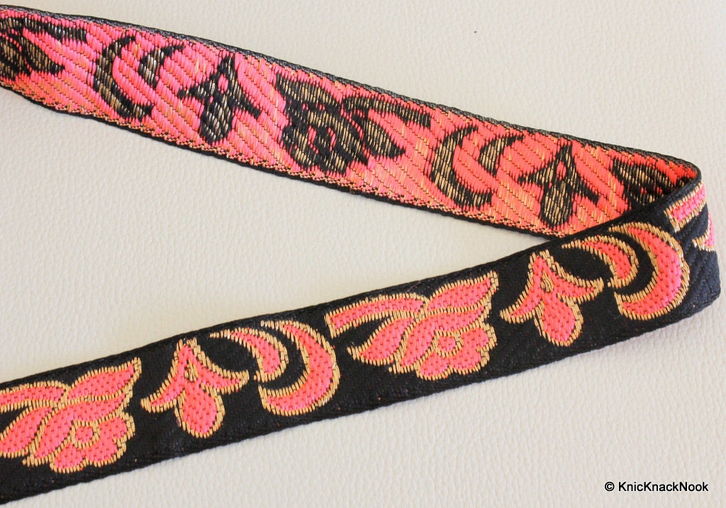 Pink, Bronze And Black Floral Embroidery Jacquard Lace Trim, Approx. 27mm Wide