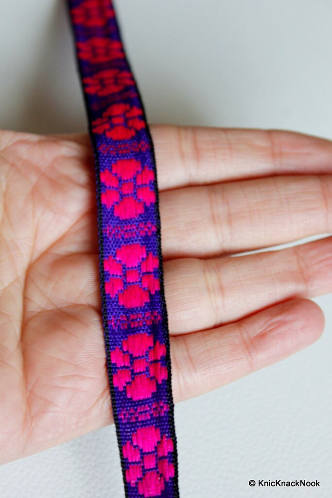 Wholesale Blue Fabric Trim With Fuchsia Pink Floral Embroidery Thread Lace Trim, 15mm wide - 140316L65