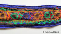 Thumbnail for Brown Silk Trim With Yellow, Green, Blue And Red Floral Embroidery And Blue / Pink / Green Piping, Indian Laces - 210917L05 /06 /07Trim