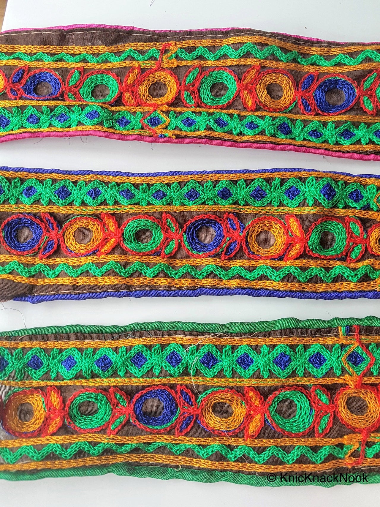 Brown Silk Trim With Yellow, Green, Blue And Red Floral Embroidery And Blue / Pink / Green Piping, Indian Laces - 210917L05 /06 /07Trim