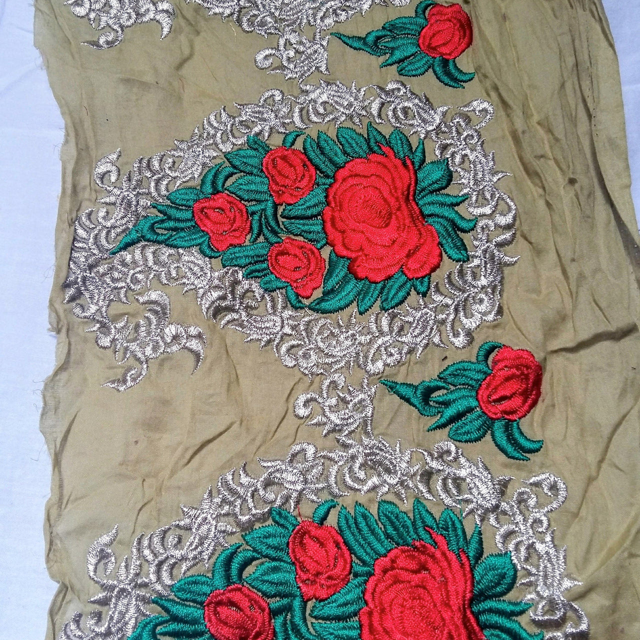 Black / Olive Green Silk Fabric Trim With Red, Green And Gold Floral Rose Embroidery, Indian Laces