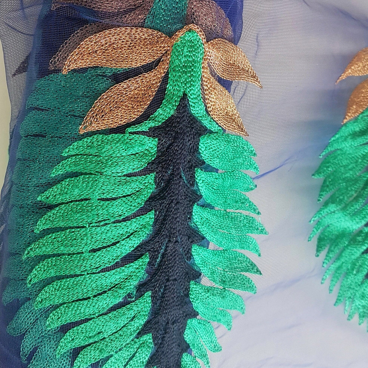 Blue Soft Net Lace Trim With  Blue, Green And Gold Embroidered Leaves, Indian Trims