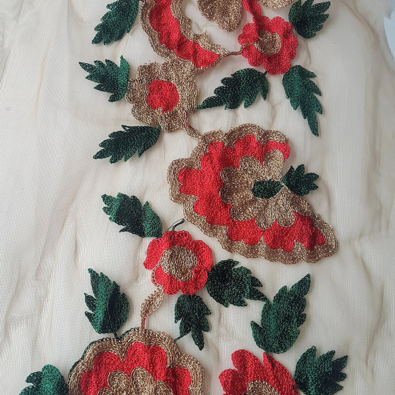Beige Soft Net Lace Trim With Red, Green And Gold Floral Embroidery, Indian Trims