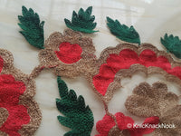 Thumbnail for Beige Soft Net Lace Trim With Red, Green And Gold Floral Embroidery, Indian Trims