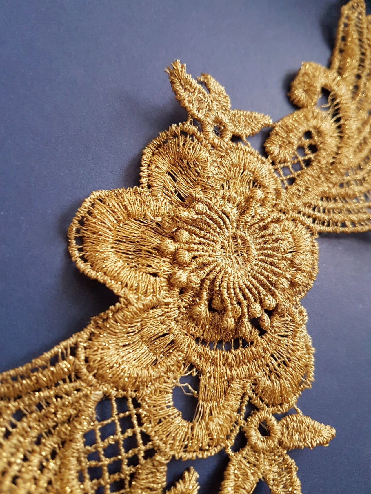 Antique Gold / Bronze Tone Crochet Thread Fabric Applique With Leaves and Flowers, Flower Applique - 200317A86