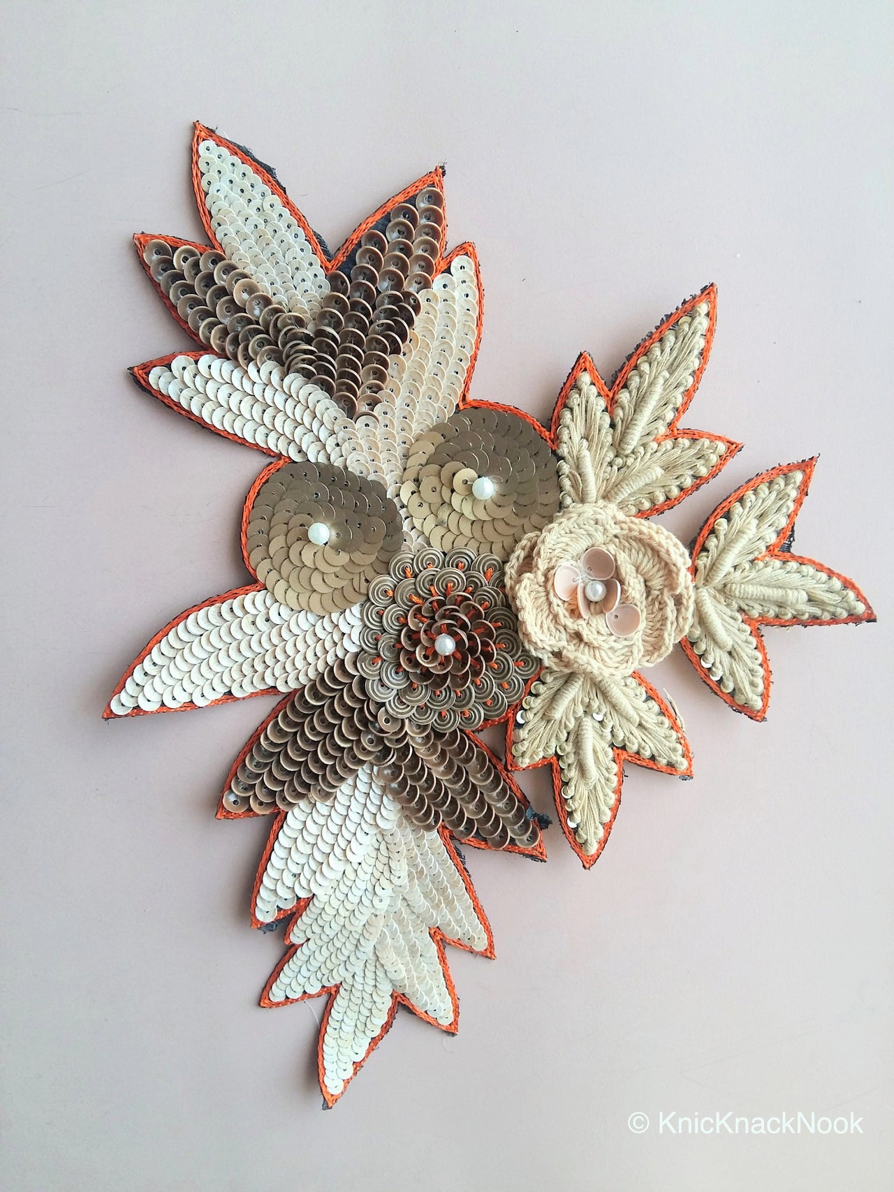 Floral Applique With Beige And Orange / Blue Embroidery, Beige, Brown And Bronze Sequins And White Pearl Beads