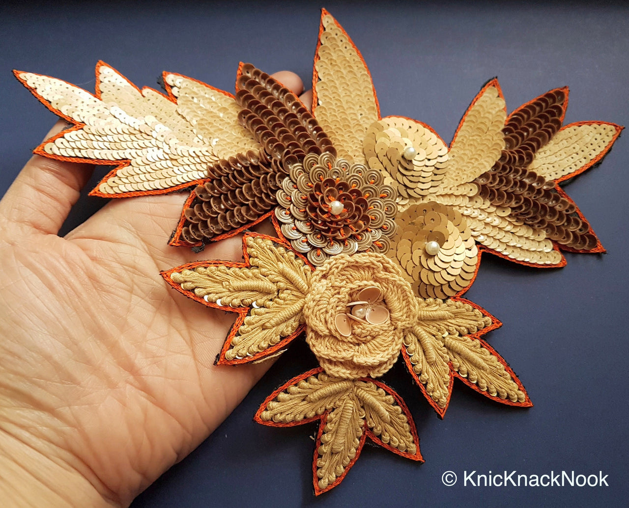 Floral Applique With Beige And Orange / Blue Embroidery, Beige, Brown And Bronze Sequins And White Pearl Beads