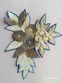 Thumbnail for Floral Applique With Beige And Orange / Blue Embroidery, Beige, Brown And Bronze Sequins And White Pearl Beads