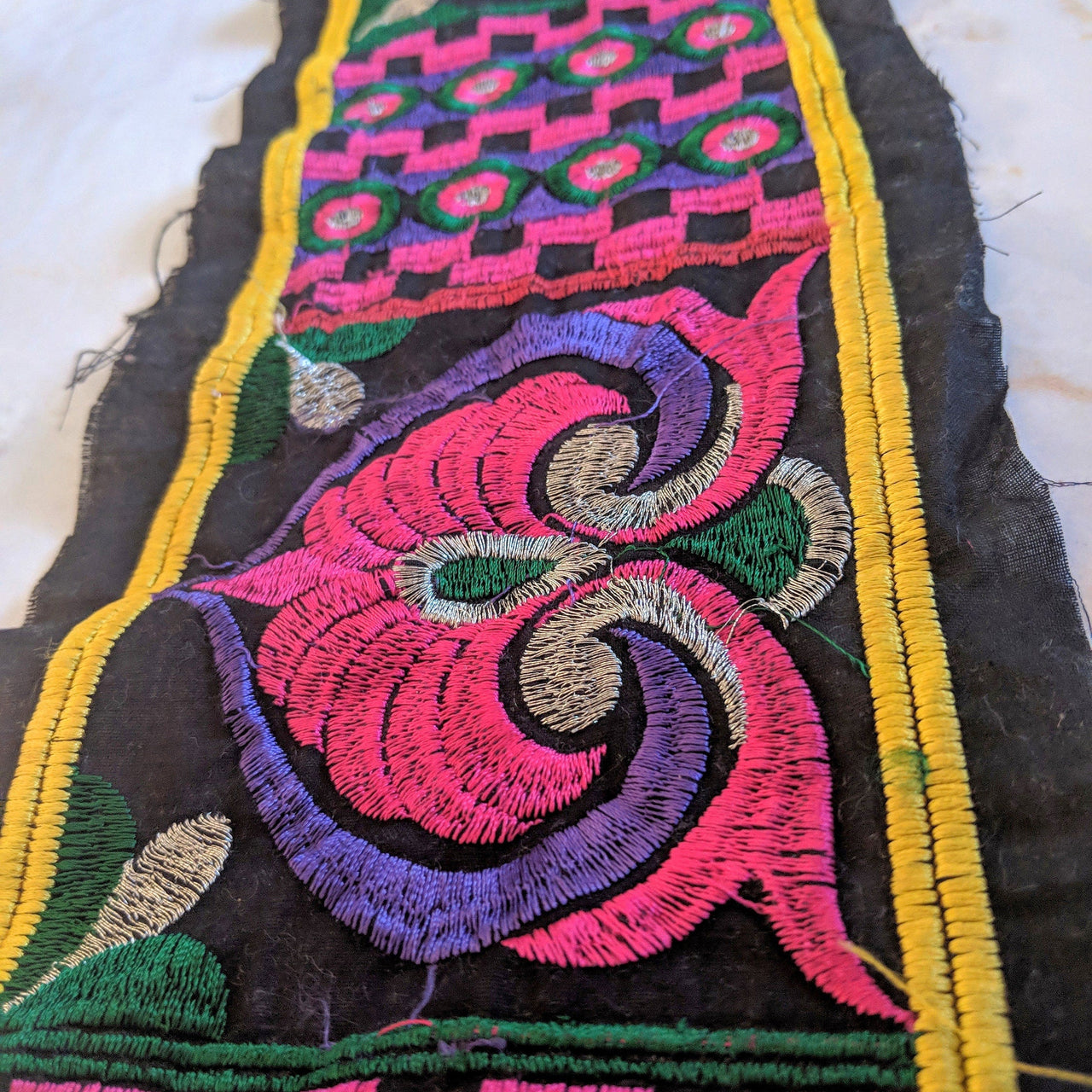 Black Fabric Lace With Embroidery In Pink, Purple, Green