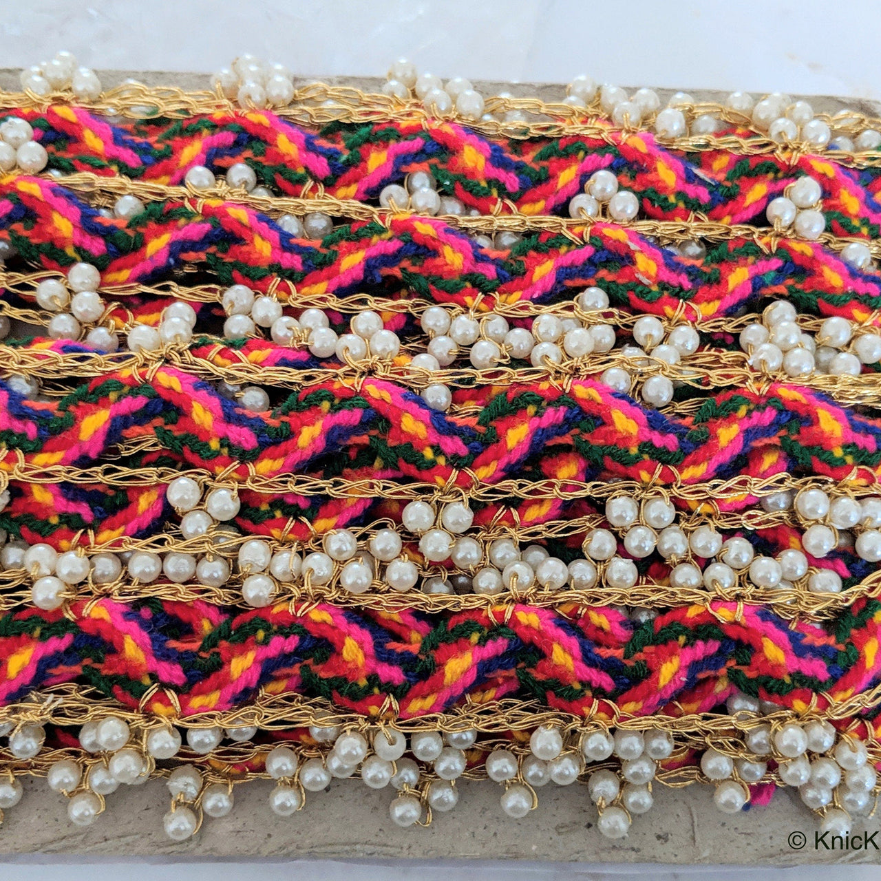 Multicoloured Wool Woven Trim With Gold Piping and Off White Pearl Beads, Approx. 40mm Wide - 010518L6